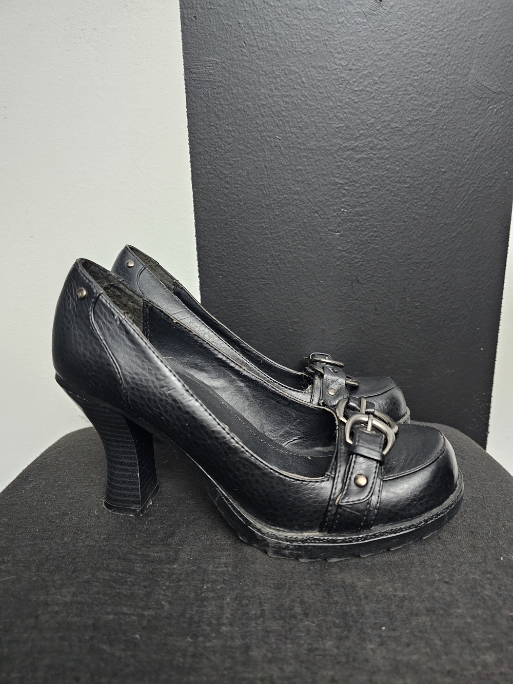 Black Leather Buckle-Accent Heels for Women